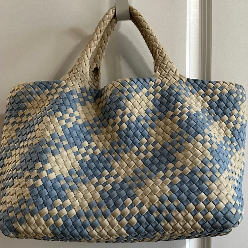 Naghedi St Barths Medium Blue and White Woven Tote Bag - Picture 2 of 9